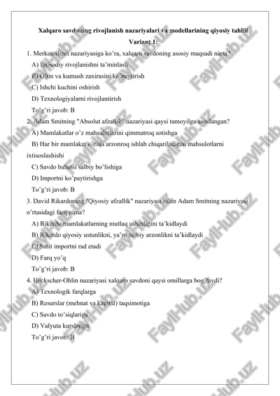 xalqaro savdoning rivojlanish nazariyalari va modellarining qiyosiy tahlili — DOCX