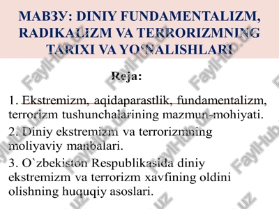 diniy fundamentalizm, radikalizm va terrorizmning tarixi va yo‘nalishlari — PPT