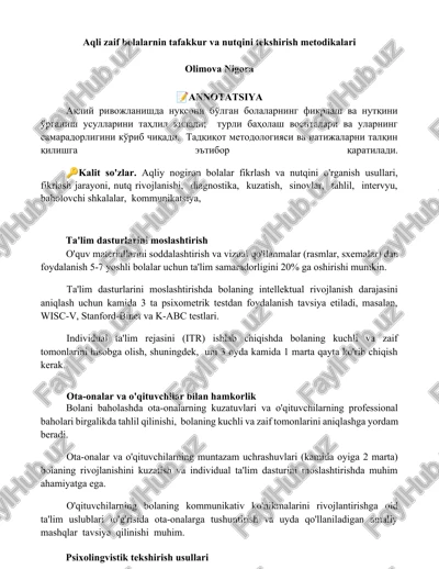 aqli zaif bolalarnin tafakkur va nutqini tekshirish metodikalari — DOCX