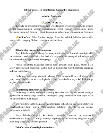 bilish falsafasi va bilimlarning xaqiqatligi muammosi — DOCX