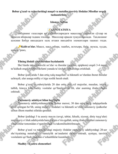 bobur g'azal va ruboylaridagi maqol va matallar — DOCX