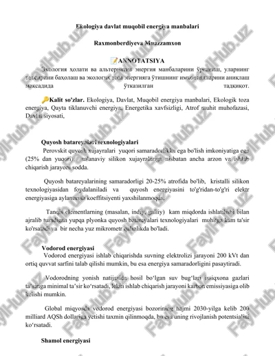 ekologiya davlat muqobil energiya manbalari — DOCX