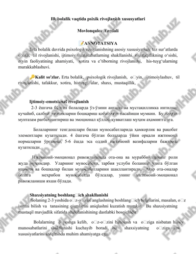 ilk bolalik vaqtida psixik rivojlanish xususyatlari — DOCX