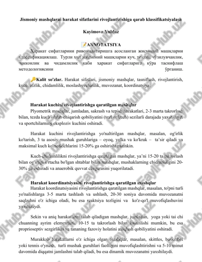 jismoniy mashqlarni harakat sifatlarini rivojlantirishiga qarab klassifikatsiyalash — DOCX