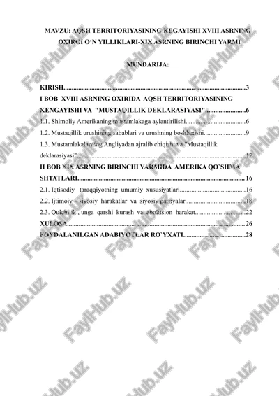 aqsh territoriyasining kegayishi xviii asrning oxirgi o‘n yilliklari-xix asrning birinchi yarmi — DOCX