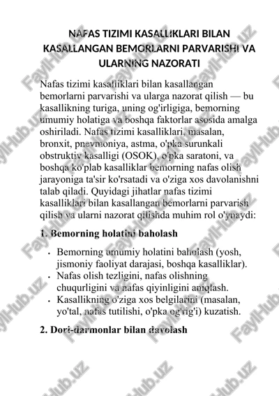 nafas tizimi kasalliklari bilan kasallangan bemorlarni parvarishi va ularning salomatligi — DOCX