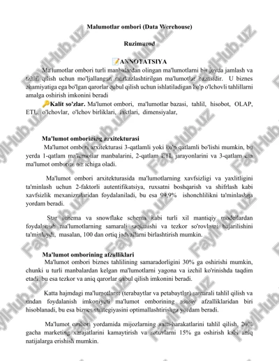 malumotlar ombori (data werehouse) — DOCX
