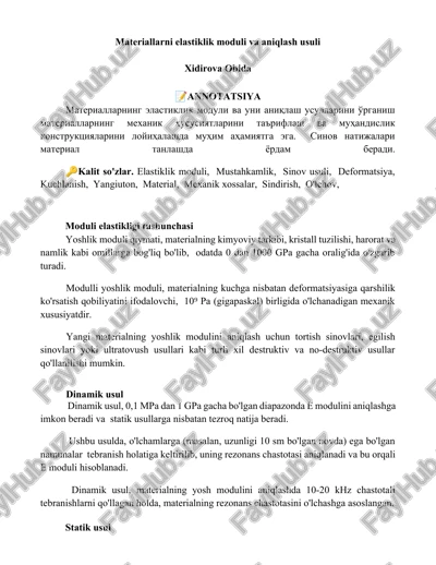 materiallarni elastiklik moduli va aniqlash usuli — DOCX