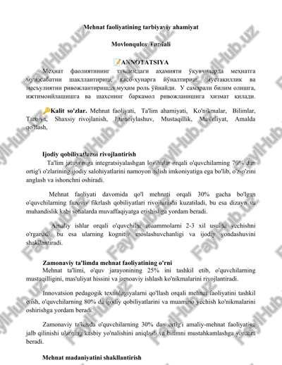 mehnat faoliyatining tarbiyaviy ahamiyat — DOCX