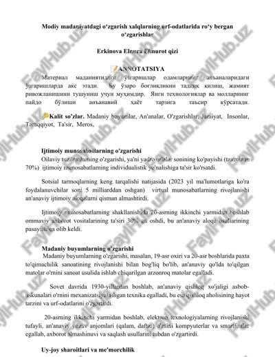 modiy madaniyatdagi oʻzgarish xalqlarning urf-odatlarida roʻy bergan oʻzgarishlar — DOCX