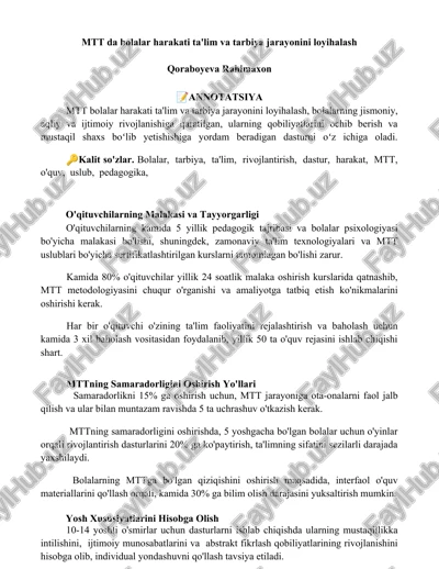 mtt da bolalar harakati ta'lim va tarbiya jarayonini loyihalash — DOCX