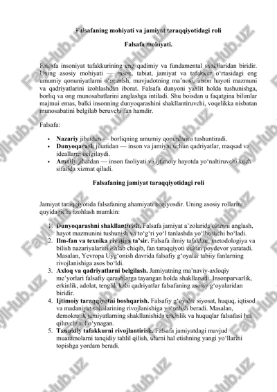 falsafa mohiyati va jamiyat taraqqiyotidagi roli — DOCX