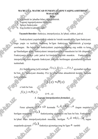 ma’ruza 6. mathcad funksiyalarni yaqinlashtirish masalasi — DOCX