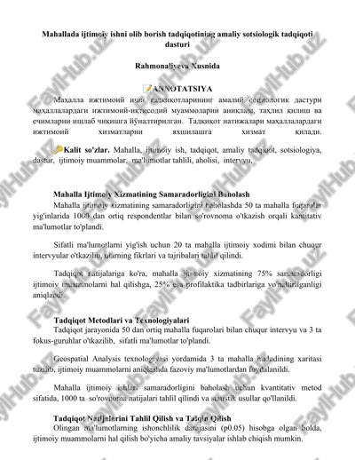 mahallada ijtimoiy ishni olib borish tadqiqotining amaliy sotsiologik tadqiqoti dasturi — DOCX