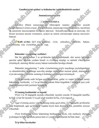 gandbol oyini qoidasi va bellashuvlar tashkillashtirish asoslari — DOCX