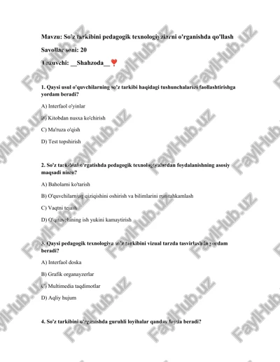 so'z tarkibini pedagogik texnologiyalarni o'rganishda qo'llash — DOCX