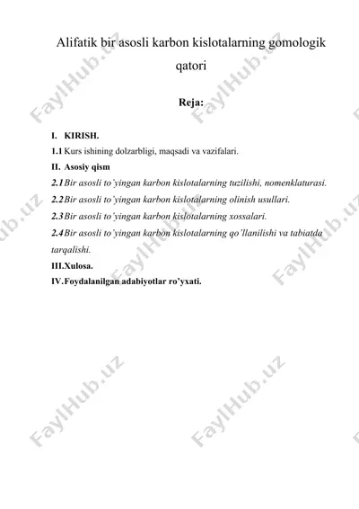 alifatik bir asosli karbon kislotalarning gomologik qatori — DOCX