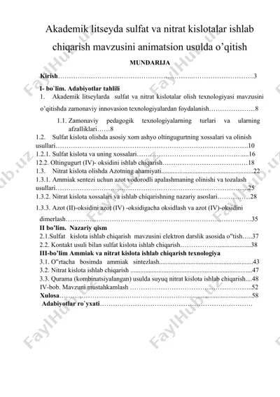 akademik litseyda sulfat va nitrat kislotalar ishlab chiqarish mavzusini animatsion usulda o’qitish — DOCX