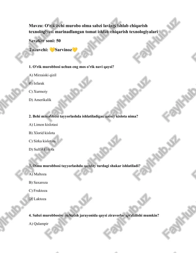 o'rik behi murobbosi ishlab chiqarish texnologiyasi — DOCX