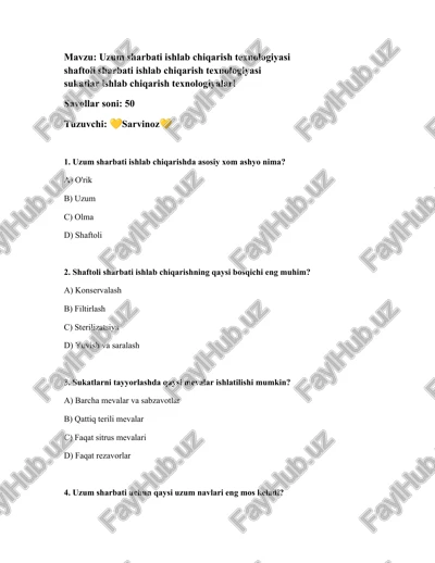 uzum sharbati ishlab chiqarish texnologiyasi — DOCX