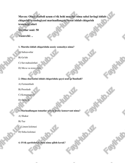 olma shaftoli uzum o'rik behi murobo olma sabzi lavlagi ishlab chiqarish texnologiyasi marinadlangan tomat ishlab chiqarish texnologiyalari — DOCX