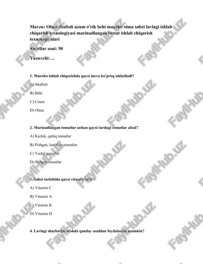 olma shaftoli uzum o'rik behi murobo olma sabzi lavlagi ishlab chiqarish texnologiyasi marinadlangan tomat ishlab chiqarish texnologiyalari — DOCX