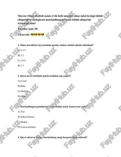 olma shaftoli uzum o'rik behi murobo olma sabzi lavlagi ishlab chiqarish texnologiyasi marinadlangan tomat ishlab chiqarish texnologiyalari — DOCX