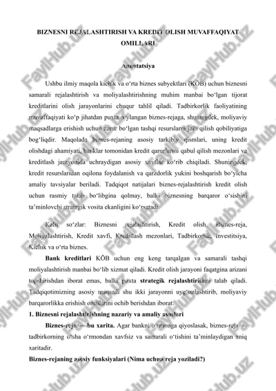 biznesni rejalashtirish va kredit olish muvaffaqiyat omillari — DOCX