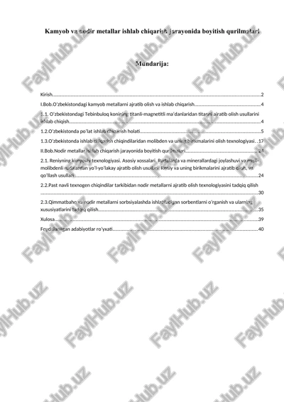 kamyob va nodir metallar ishlab chiqarish jarayonida boyitish qurilmalari — DOCX