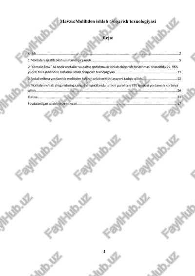 molibden ishlab chiqarish texnologiyasi — DOCX