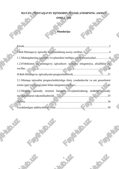 mintaqaviy iqtisodiy rivojlanishning asosiy omillari — DOCX