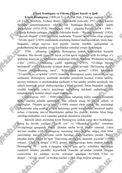 ernest xeminguey va uilyam folkner hayoti va ijodi — DOCX