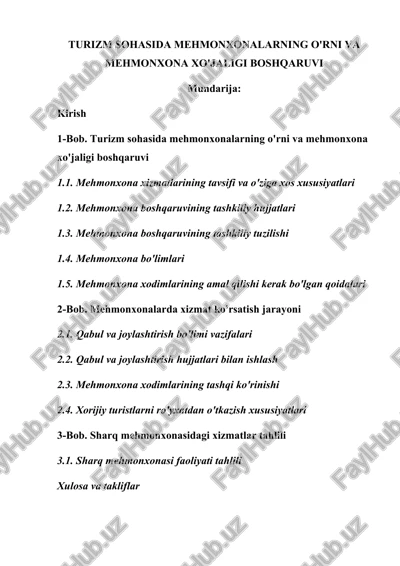 turizm sohasida mehmonxonalarning o'rni va mehmonxona xo'jaligi boshqaruvi — DOCX