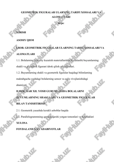 geometrik figuralar ularning tarifi xossalari va alomatlari — DOCX
