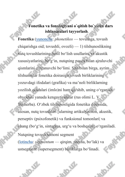 fonetika va fonologiyani o`qitish bo`yicha dars ishlanmalari — DOCX