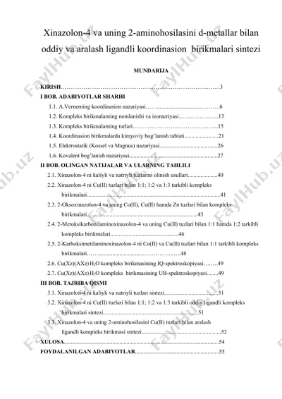 xinazolon-4 va uning 2-aminohosilasini d-metallar bilan oddiy va aralash ligandli koordinasion  birikmalari sintezi — DOC