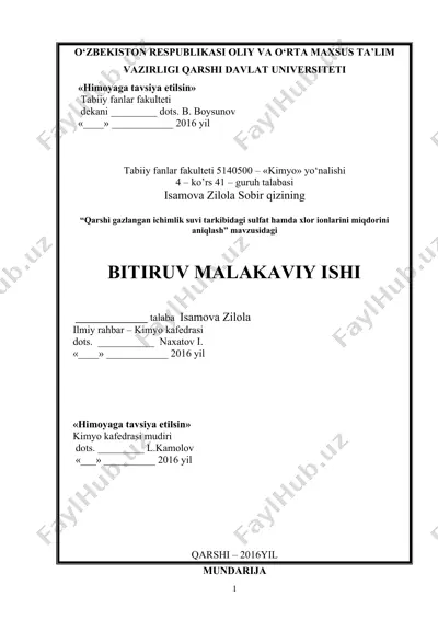 qarshi gazlangan ichimlik suvi tarkibidagi sulfat hamda xlor ionlarini miqdorini aniqlash — DOC