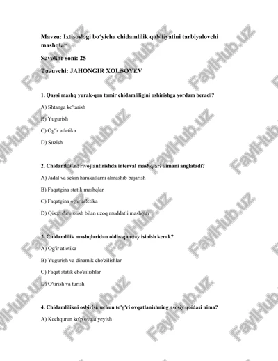 ixtisoslogi boʻyicha chidamlilik qobiliyatini tarbiyalovchi mashqlar — DOCX