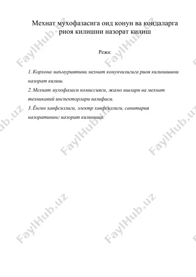 мехнат мухофазасига оид конун ва коидаларга риоя килишни назорат килиш — DOC