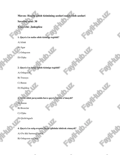 hazim qilish tizimining azolari nafas olish azolari — DOCX