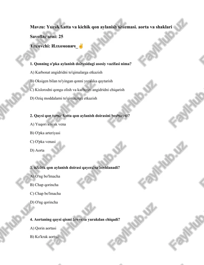yurak katta va kichik qon aylanish sistemasi — DOCX