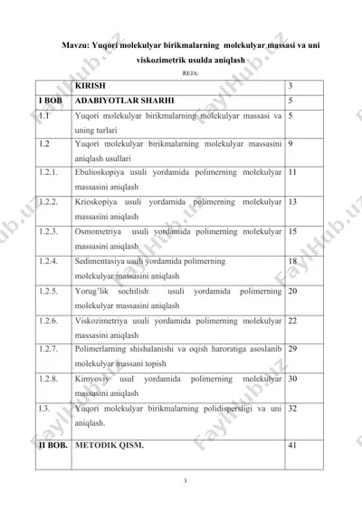 yuqori molekulyar birikmalarning molekulyar massasi va uni viskozimetrik usulda aniqlash — DOC