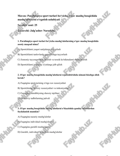 paralimpiya sport turlari boʻyicha oʻquv mashq bosqichida mashgʻulotlarni oʻrgatish uslubiyati — DOCX