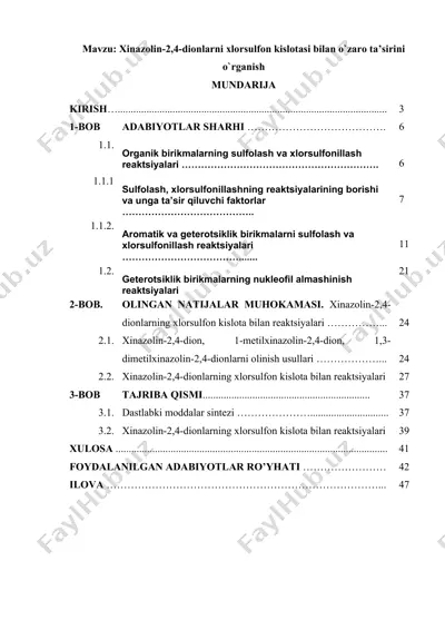 xinazоlin-2,4-diоnlarni хlоrsulfоn kislоtasi bilan o`zarо ta’sirini o`rganish — DOC