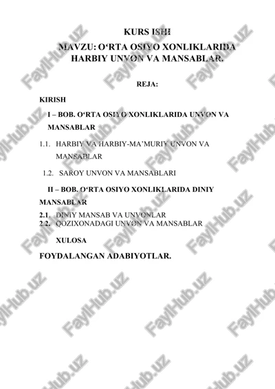 oʻrta osiyo xonliklarida harbiy unvon va mansablar — DOCX