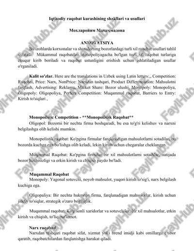 iqtisodiy raqobat kurashining shakllari va usullari — DOCX