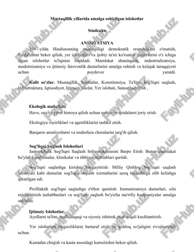 mustaqillik yillarida amalga oshirilgan islohotlar — DOCX