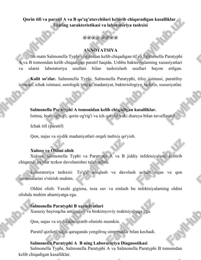 salmonella paratyphi a va b qo'zg'atuvchilari kasalliklari — DOCX