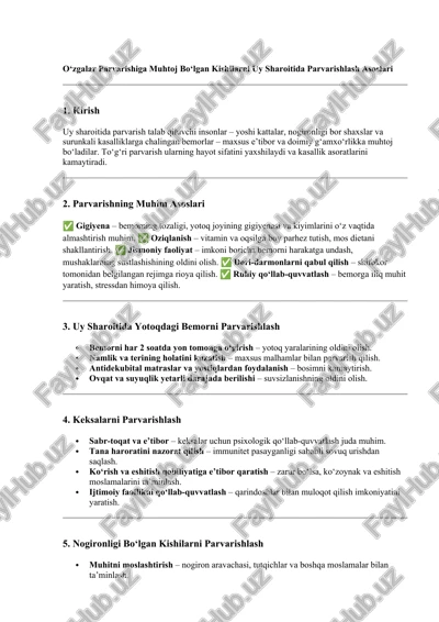 o‘zgalar parvarishiga muhtoj bo‘lgan kishilarni uy sharoitida parvarishlash asoslari — DOCX