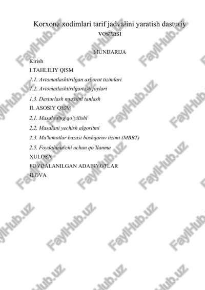 korxona xodimlari tarif jadvalini yaratish dasturiy vositasi — DOCX